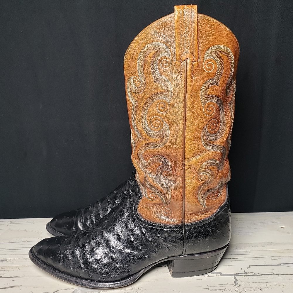 Tony Lama Full Quill Ostrich Cowboy Boots in Black & Cognac  - Men's size 10 D